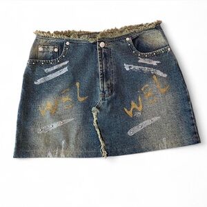 Santa Barbara size 9 Distressed denim mini skirt rhinestones, paint splatters
